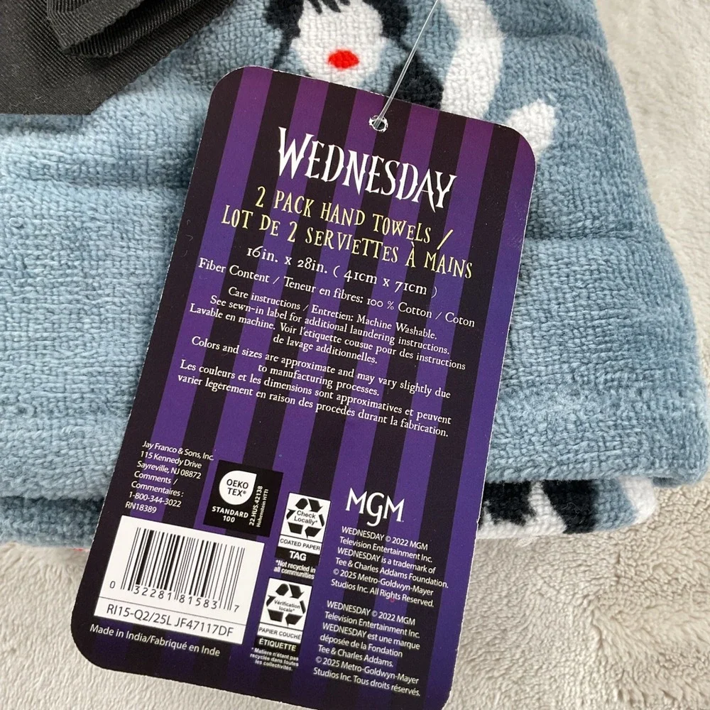 Wednesday Addams 2 Pack Hand Towels 16x28 Cotton Blue Goth Dance MGM New